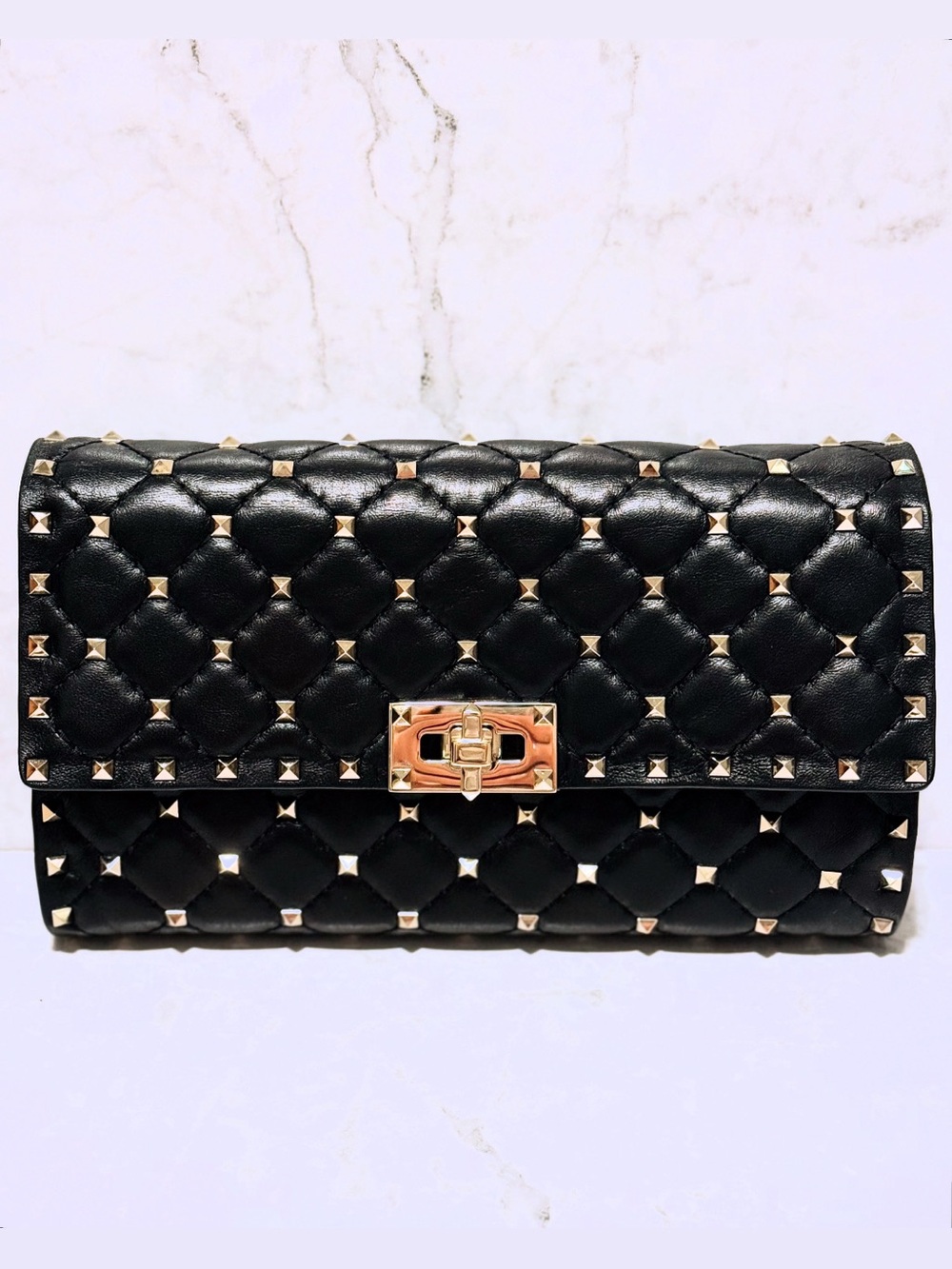 Valentino Garavani Black Quilted Studded Clutch - chain with Gold Hardware